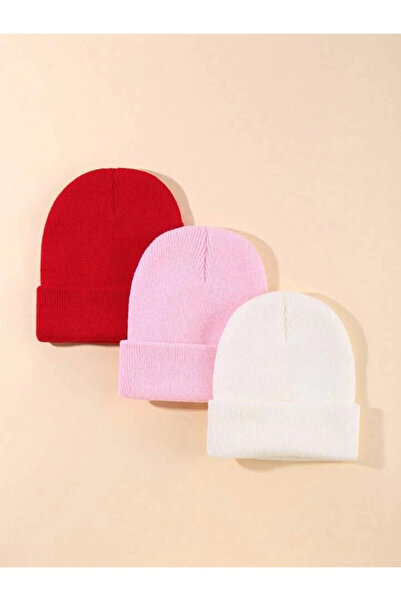 Pimody Set beanie unisex, pliat, roșu, roz, crem, 3 piese