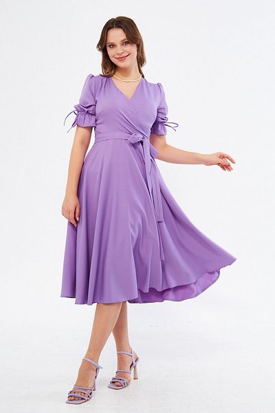 Bidoluelbise Lilac Double Breasted Collar Gathered Short Sleeve Sleeves Elastic Belted Midi Length Dress
