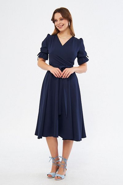 Bidoluelbise Navy Blue Double Breasted Collar Gathered Short Sleeve Sleeves Elastic Belted Midi Length Dress