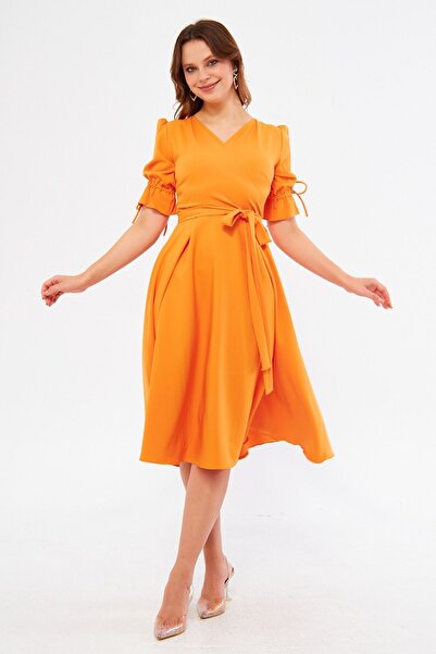Bidoluelbise Πορτοκαλί διπλό γιακά με κοντό μανίκι με ελαστικό φύλλο Midi φόρεμα