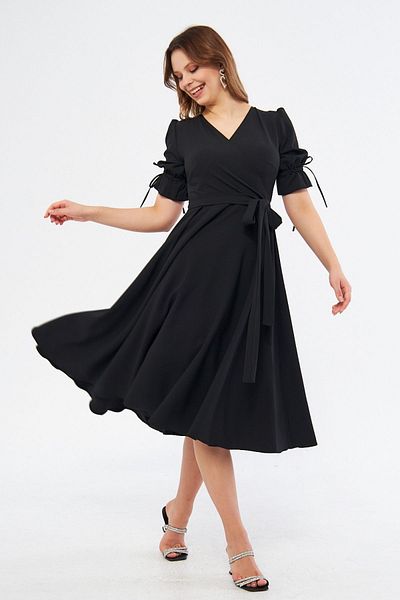 Bidoluelbise Black Double Breasted Collar Gathered Short Sleeve Sleeves Elastic Belted Midi Length Dress