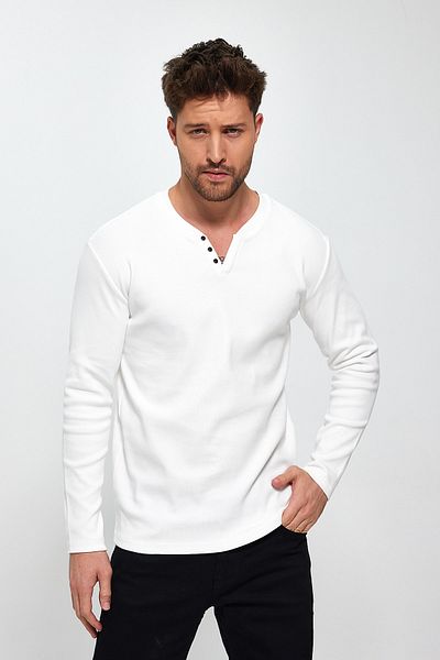 VERDONE New Season V-Cut Regular Fit Buttoned 100% Organic Cotton White Sweater