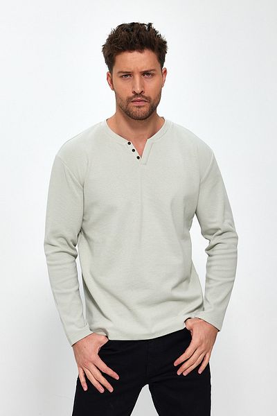 VERDONE New Season V-Cut Regular Fit Buttoned 100% Organic Cotton Stone Sweater