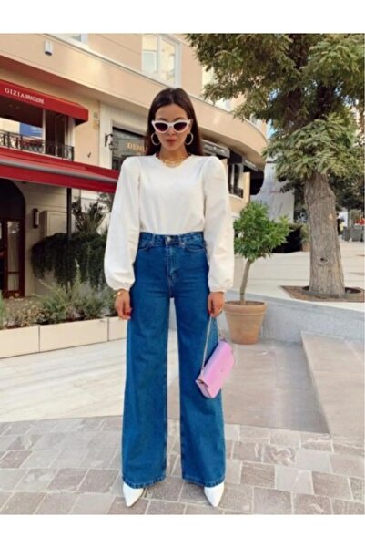 BROSERER بنطلون جينز جلين أزرق داكن ليكرا سوبر عالي الخصر بالازو فضفاض