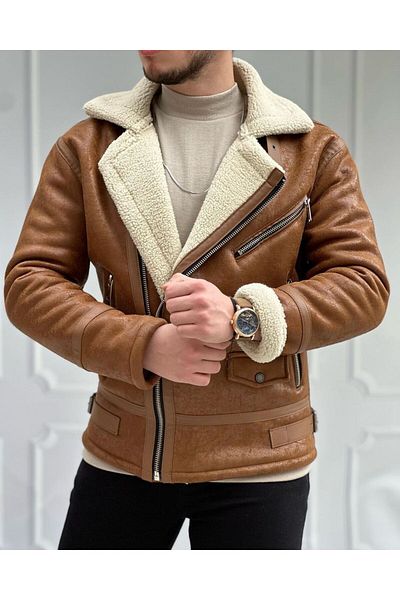 He Brand Férfi barna színű Napa bőrkabát belső bundával, északi modellkabát