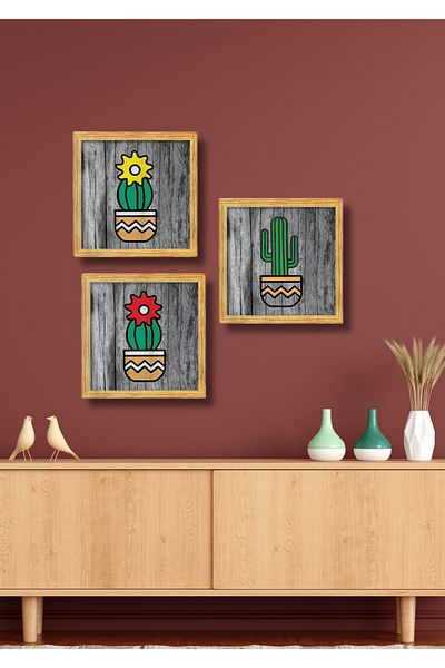 NT Handmade Set de pictură decorativă de perete cu cactus cu aspect de cadru din 3 piese pentru living, dormitor, bucătărie