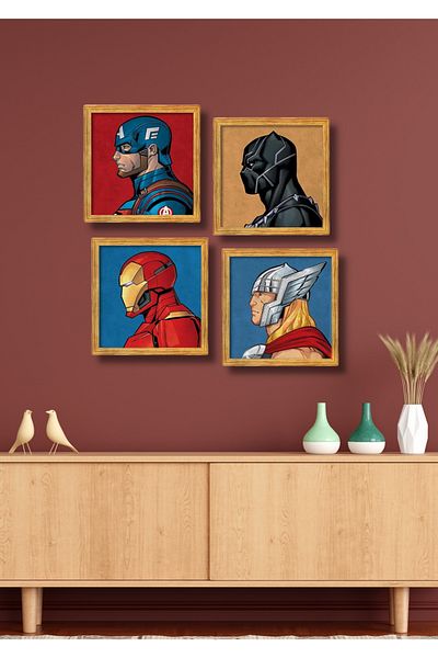 NT Handmade 4 Piece Frame Look Avengers Wall Decor Painting Set for Parlor Living Bed Children's Room