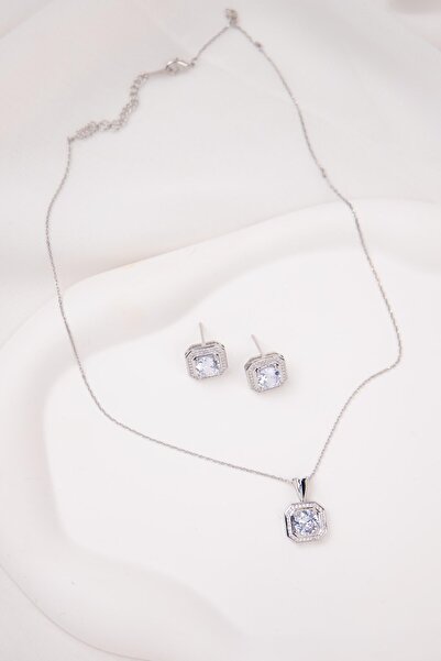 Sacha Accessories Kare Köşegenli Gümüş Set Kolye
