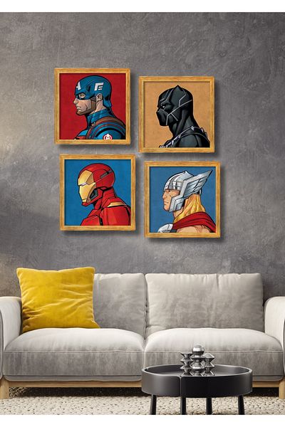 NT Handmade 4 Piece Frame Look Avengers Wall Decor Painting Set for Parlor Living Bed Children's Room