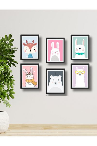 NT Handmade 6 bucăți de animale drăguțe cu aspect de cadru negru Decor de perete pictură pentru dormitor pentru copii