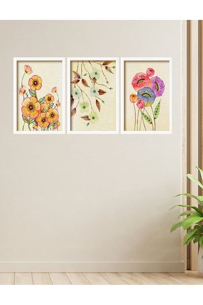NT Handmade 3 Piese Flori Colorate cu Aspect Cadru Alb - Pictură 20x30 cm pentru Sufragerie Pat Dormitor Copii