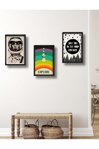 NT Handmade Cadru negru cu aspect 3 piese Explore Decor de perete MDF pentru living, dormitor, pat, camera copiilor