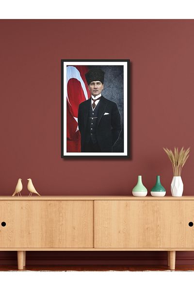 NT Handmade Decor de perete Ataturk cu cadru negru 20x30 Pictură pentru living dormitor