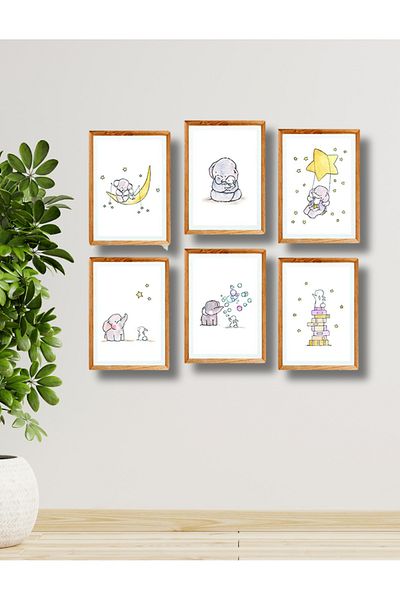 NT Handmade Rama din lemn aspect 6 piese elefanți drăguți decor de perete pictură MDF pentru dormitor pat copii