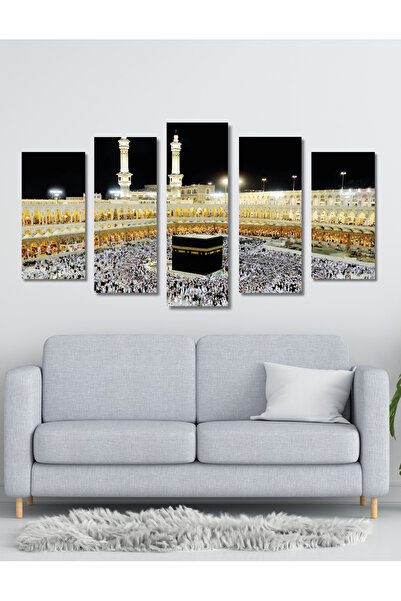 NT Handmade 5 Parça Ahşap Kabe Dini Duvar Dekoru - Salon Oturma Yatak Odası O...