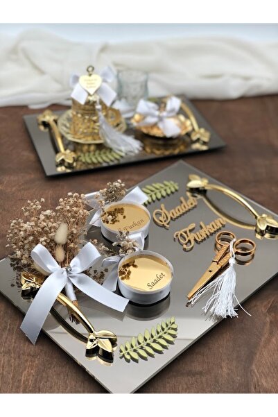 Masalsı Concept Cam Dikdörtgen Söz Nişan Ve Damat Kahve Fincan Tepsi Seti yüz...