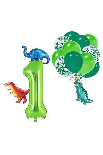Patladı Gitti 1 Year Old Dinosaur Set; Number Foil, 3 Mini Dinosaurs and 10 Balloons