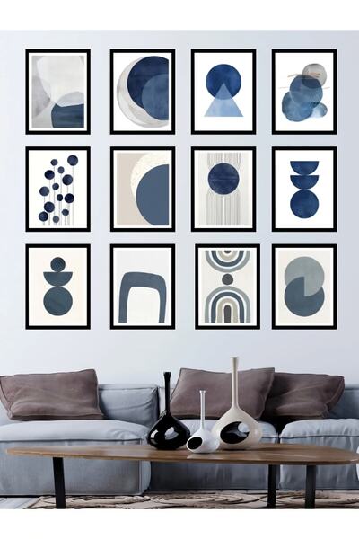 kutuTR Dekorize Mdf Tablo Seti 12 Parça 3 Mm - Mavi Soyut Salon Oturma Yatak ...