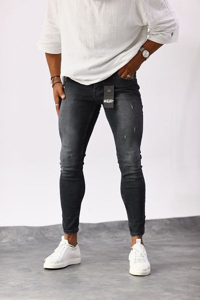 MADZEYMODA Ανδρικό καπνιστό τζιν Slim Fit με σκισμένη λεπτομέρεια