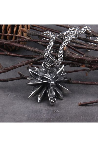 Viking Witcher Wolf 316L Men's Necklace - Big Wolf Head and Knitted Chain