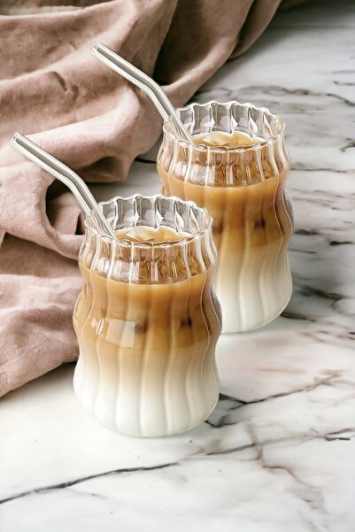 Madamev 2'li Pipetli İskandinav Tarz Burgu Cam Bardak Seti Kahve Kokteyl Sunum Bardağı Borosilikat 400 ml.