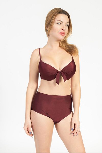 Pemilo Women's 718 High Waist Covered Bikini Set Claret Red