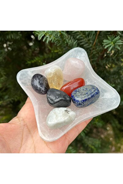 Gepstone Selenit Kase ve 7 Çakra Taşları (Sitrin,Pembe kuvars,Lapis Lazuli, Ş...