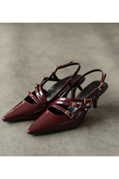 volante Pantofi cu toc de damă din piele lacuită roșu Claret cu 3 dungi