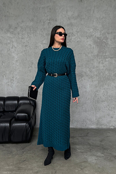 Nosia Standart Beden Yuvarlak Yaka Saç Örgülü Uzun Pamuklu Triko Elbise