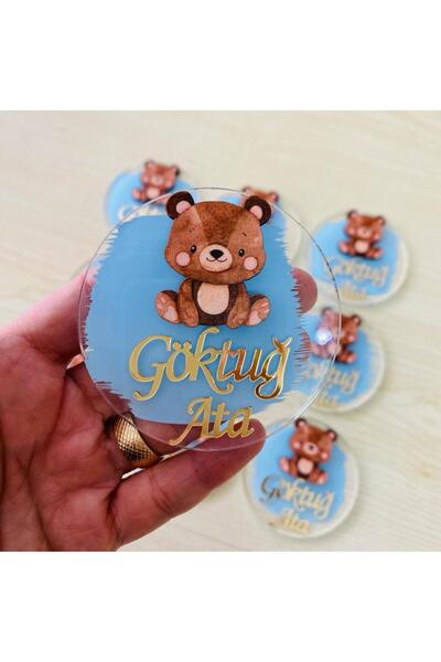 Roseart Kahverengi ayıcıklı mavi boyalı pleksi bebek hediyelik magnet 20 adet