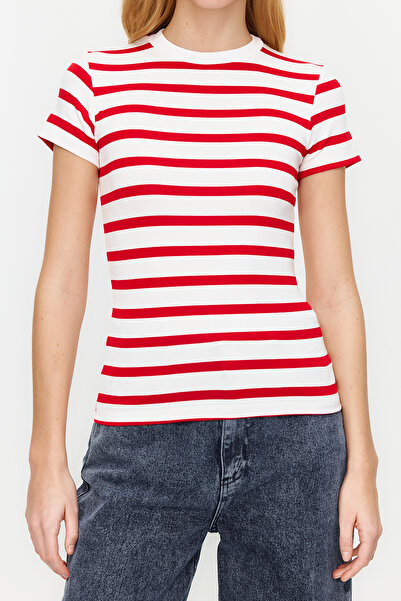 Trendyol Collection Rugalmas viszkózus szövet - piros csíkos blúz TWOSS24BZ00296