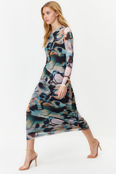 Trendyol Collection Rochie albastră, fără spate, cu mânecă lungă imprimată din tul, tricotată elastică TWOSS24EL00115