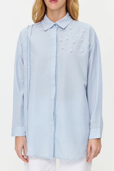 Trendyol Modest Blaues, perlmuttfarbenes, gewebtes Baumwollhemd TCTSS24TG00032