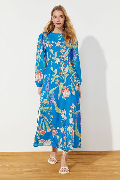 Trendyol Modest Φόρεμα Saks με λουλουδάτο μοτίβο με υφαντό λινό look TCTSS24EB00102