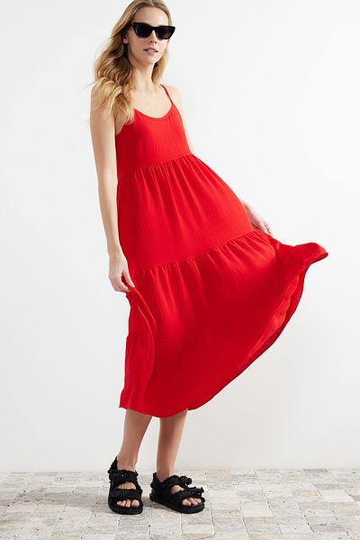 Trendyol Collection Red Skirt Flounce Relaxed Cut Strap Midi Woven Dress TWOSS22EL1837