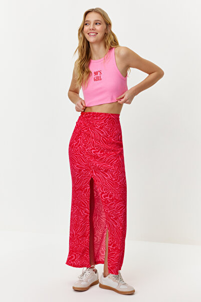 Trendyol Collection Rózsaszín maxi hosszúságú szövött szoknya - állatmintás és hasított részletek TWOSS24ET00003