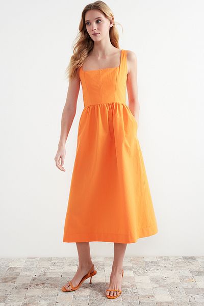 Trendyol Collection Orange Waist Midi Corset Woven Dress with Sewing Detail TWOSS24EL00038