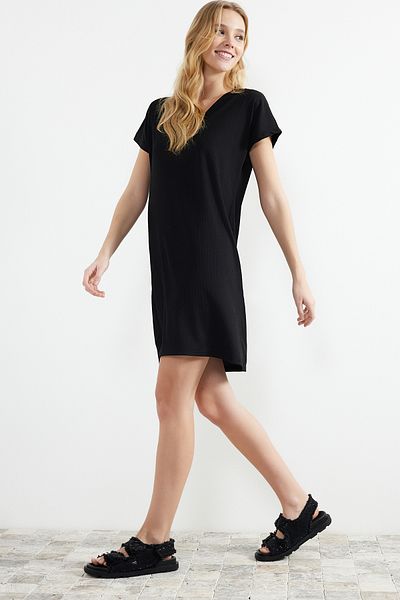 Trendyol Collection Black Wrapped/Textured V-Neck Shift/Plain Knitted Mini Dress TWOSS24EL00404