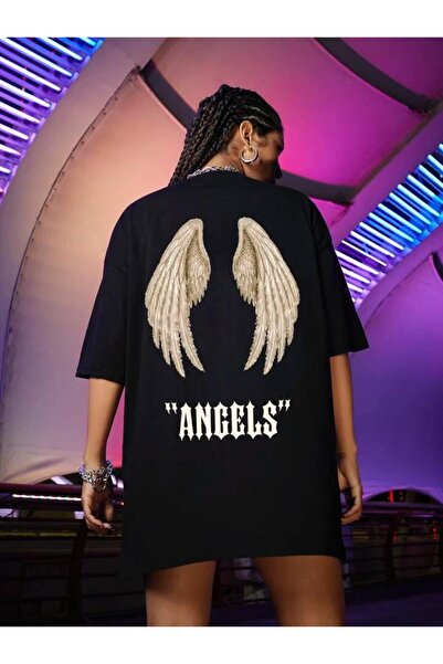 Khione Tricou oversize unisex, 100% bumbac, imprimat cu îngeri