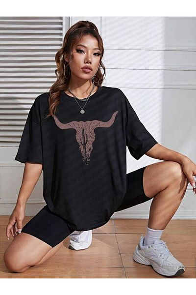 Khione Μπλουζάκι Unisex Σχέδιο Cow Skull Printed Oversize 100% βαμβάκι