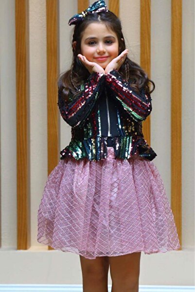 Riccotarz Girl's Sequin Detailed Jacket and Fluffy Tulle Pink Skirt Set
