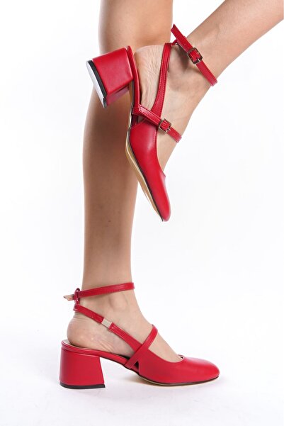 Ayakkabı Podyumum Kırmızı Cilt 5cm Kalın Topuklu Geniş Burunlu Yuvarlak Burun...