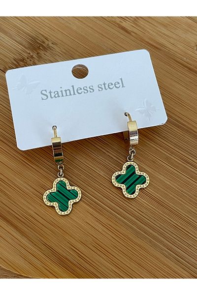 JELLY Women's Steel Gold Color Green Enamel Clover Brand Model Dangle Earrings