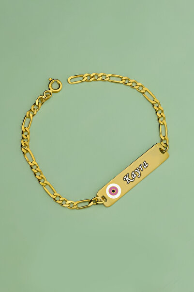 Sinsirella 925 Ayar Gümüş Gold Kaplama Pembe Nazarlı İsimli Kız Bebek Künyesi