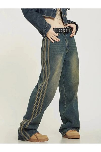 Gofeel Harajuku Y2k - Blue Baggy Jean Detailed Vintage Line Street