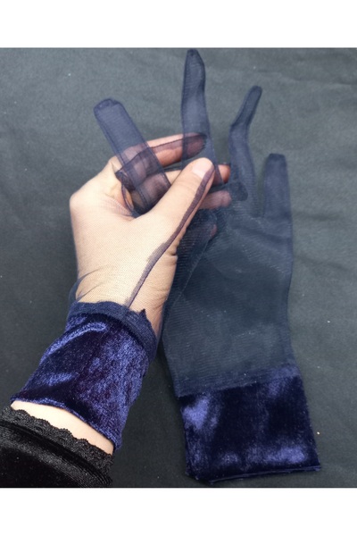 es moda shop Diana vintage kadife bileklikli tül eldiven lacivert