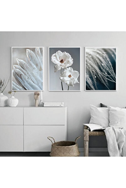 KOLAJTASARIM Beyazın Huzur Veren Tonları: Tüy Ve Çiçek I?llüstrasyonlu Üçlü Metal Çerçeveli Tablo Seti