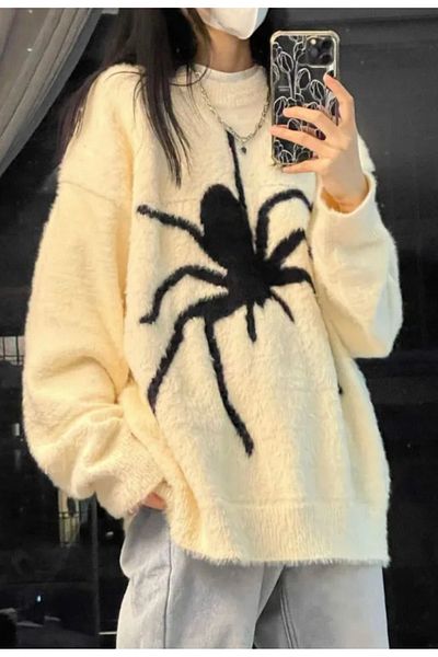 Köstebek Office Spider Patterned Thick Fabric Oversize Jacquard Sweater