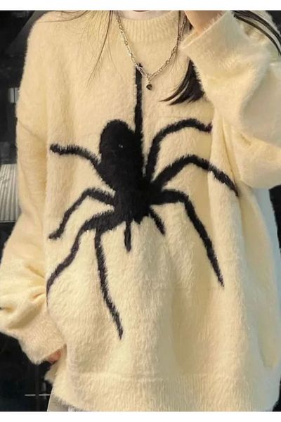 Köstebek Office Spider Patterned Thick Fabric Oversize Jacquard Sweater