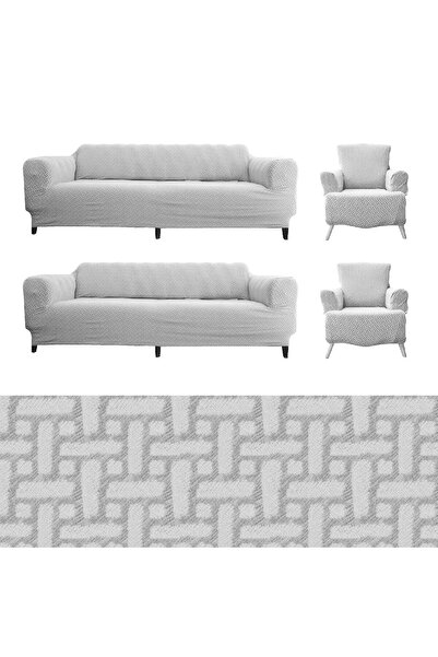 FurkanTicaret طقم غطاء أريكة قطني من قماش الجاكار 3+3+1+1 بنمط الطوب - مطاط م...